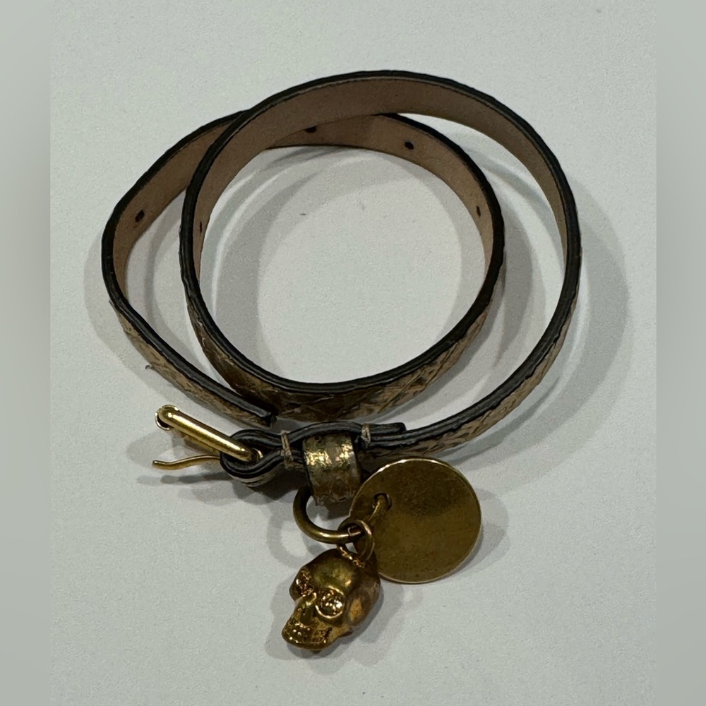 Alexander McQueen Gold Skull and Black Leather Bracelet